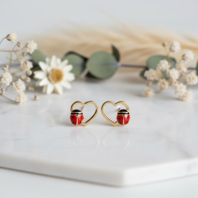 Boucles d'oreilles Coeurs & Coccinelles, Or Jaune 375, 8x7mm - Bambins