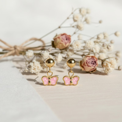 Boucles d'oreilles Papillons, Or Jaune 375 & Émail Rose - Bambins