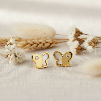 Boucles d'Oreilles Papillon, Or jaune 750 & Nacre - Bambins