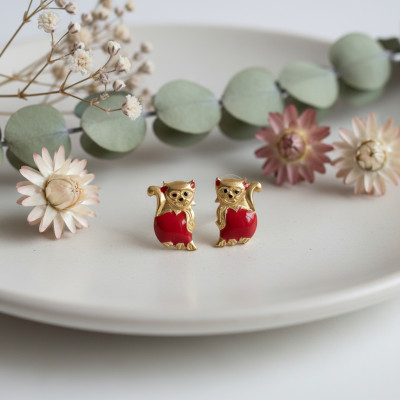 Boucles d'oreilles Chat, Or Jaune 375 & Email - Bambins