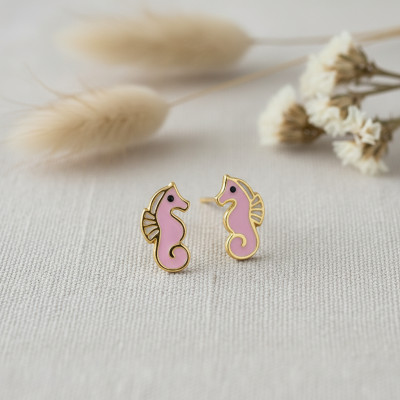 Boucles d'oreilles Hippocampe Rose, Or Jaune 375 - Bambins