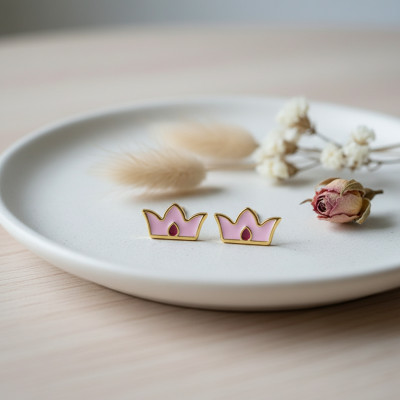 Boucles d'oreilles Couronne Rose, Or Jaune 375 & Laque - Bambins