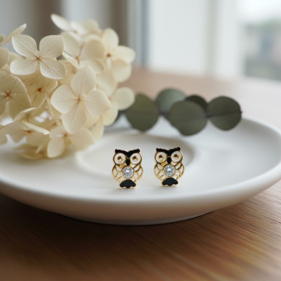 Boucles D'oreilles Hiboux Cristaux, Email & Or jaune 375 - Bambins