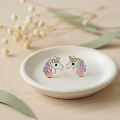 Boucles D'oreilles Licornes, Email & Or jaune 375 - Bambins