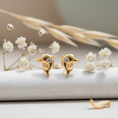 Boucles d'oreilles Dauphins, Or Jaune 750 & Zirconiums - Bambins