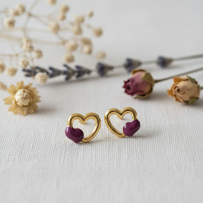 Boucles d'oreilles Coeurs, Or jaune et laque rose - Emanessence