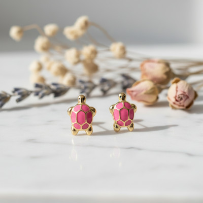 Boucles d'oreilles Tortues Roses, Plaqué Or Jaune - Bambins