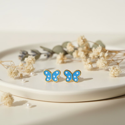 Boucles d'oreilles Papillons Bleus, Plaqué Or Jaune - Bambins