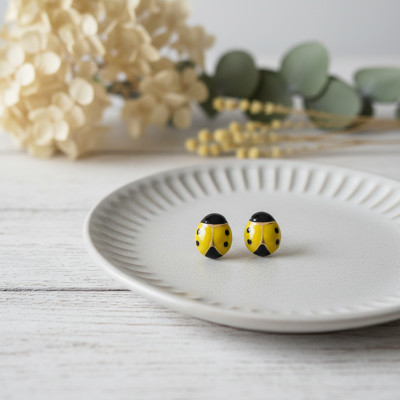 Boucles d'oreilles Coccinelles Jaunes, Plaqué Or Jaune - Bambins