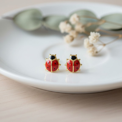 Boucles d'oreilles Coccinelles, Plaqué Or Jaune & Laque - Bambins