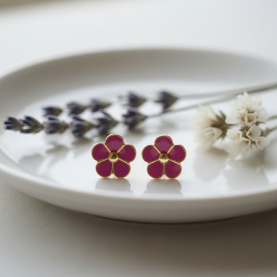 Boucles d'oreilles Fleurs, Laque Rose & Or Jaune 375, Vis - Bambins
