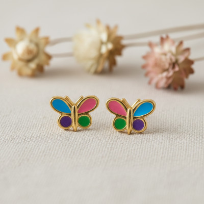 Boucles d'oreilles Papillon, Or Jaune 375 & Laque multicolore - Bambins