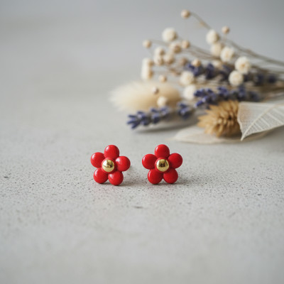 Boucles d'oreilles Fleur, Or Jaune 375 & Laque rouge - Bambins