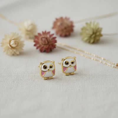 Boucles d'oreilles Hibou, Or Jaune 375 & Laque - Bambins