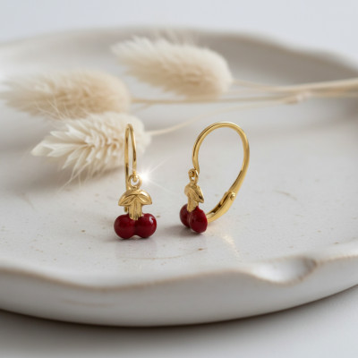 Boucles d'oreilles Cerises, Laque rouge & Or Jaune 375, Dormeuses - Bambins