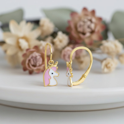 Boucles d'oreilles Licornes, Laque rose & Or Jaune 375, Dormeuses - Bambins