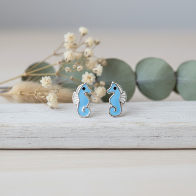 Boucles d'oreilles Hippocampe, Argent 925 & laque, 8mm - Bambins