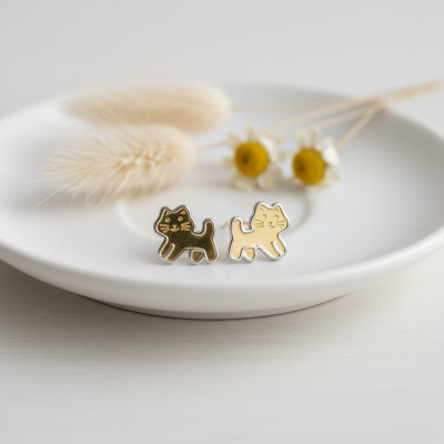 Boucles d'oreilles Chats, 2 Ors 375, 6x6mm - Bambins