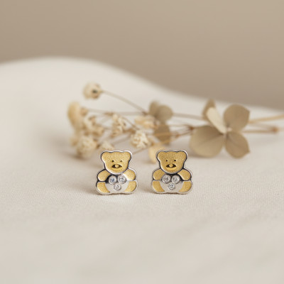 Boucles d'oreilles Ours en peluche, 2 Ors 375 & Zircones, 6x6mm - Bambins