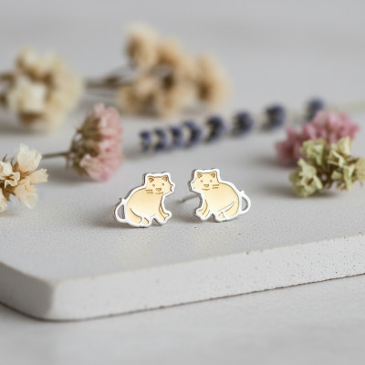 Boucles d'oreilles Chats Assis, 2 Ors 375, 7x7mm - Bambins