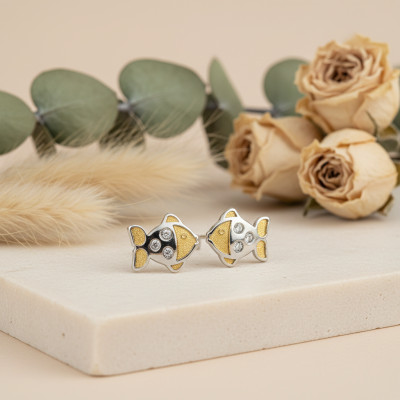Boucles d'oreilles Poissons, 2 Ors 375 & Zircones, 7x5mm - Bambins