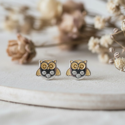 Boucles d'oreilles Hiboux, 2 Ors 375 & Zircones, 6x5mm - Bambins