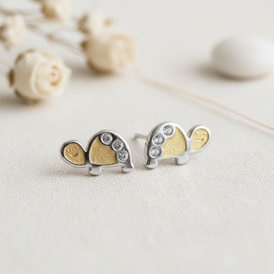 Boucles d'oreilles Tortues, 2 Ors 375 & Zircones, 7x4mm - Bambins