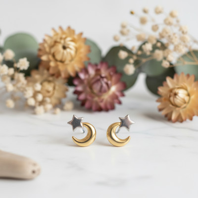Boucles d'oreilles Lune & Etoile, 2 Ors 375, 8x7mm - Bambins