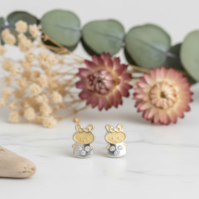 Boucles d'oreilles Lapins, 2 Ors 375 & Zircones, 5x7mm - Bambins