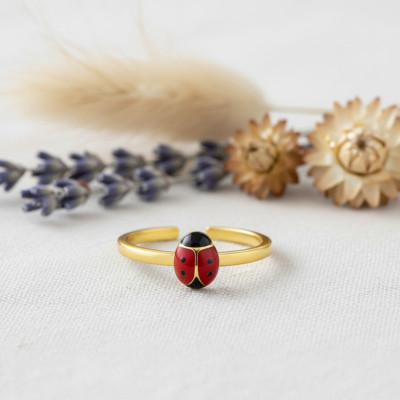 Bague Enfant Coccinelle, Plaqué or & Laque, Ajustable - Bambins