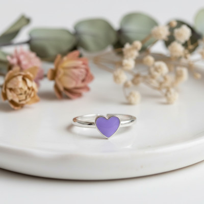 Bague Enfant Coeur, Argent 925 & Laque, Ajustable - Bambins