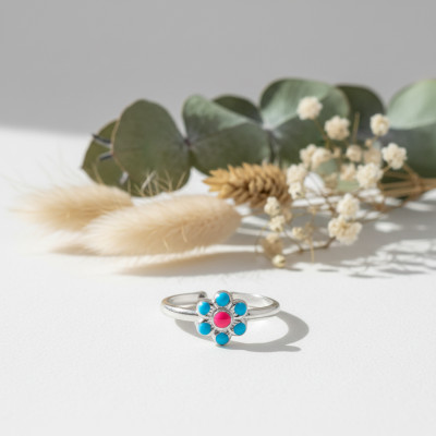 Bague Enfant Fleur, Argent 925 & Email bleu et rose, Ajustable - Bambins