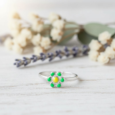 Bague Enfant Fleur, Argent 925 & Email vert et jaune, Ajustable - Bambins