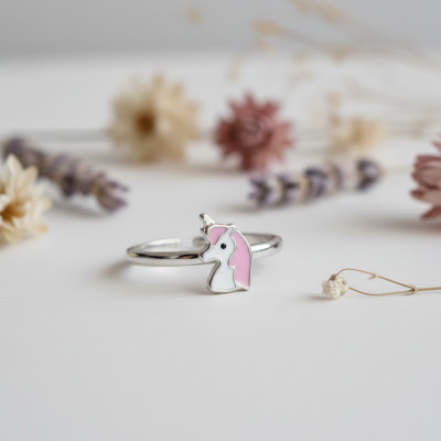 Bague Enfant Licorne, Argent 925 & Laque, Ajustable - Bambins