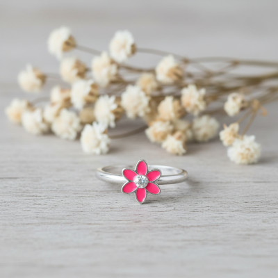 Bague Enfant Fleur Perle de verre, Argent 925 & Email rose, Ajustable - Bambins
