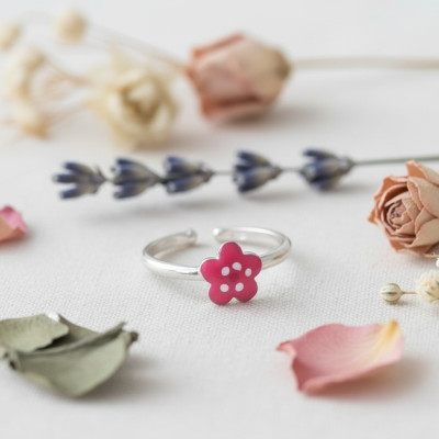 Bague Enfant Fleur fuchsia, Argent 925 & Email, Ajustable - Bambins