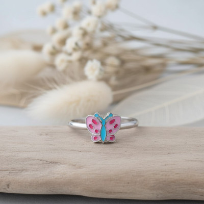 Bague Enfant Papillon coloré, Argent 925 & Email, Ajustable - Bambins