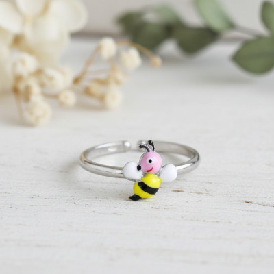 Bague Enfant Abeille, Argent 925 & Email, Ajustable - Bambins