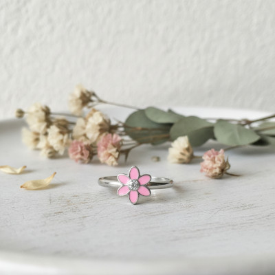 Bague Enfant Fleur Perle de verre, Argent 925 & Email rose clair, Ajustable - Bambins