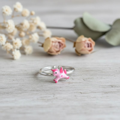 Bague Enfant Licorne rose, Argent 925 & Email, Ajustable - Bambins