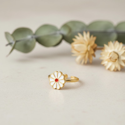 Bague Enfant Fleur, Plaqué or & Email, Ajustable - Bambins