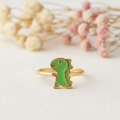 Bague Enfant Dinosaure, Plaqué or & Email, Ajustable - Bambins
