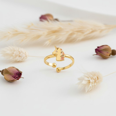 Bague Enfant Licorne, Plaqué or & Email, Ajustable - Bambins