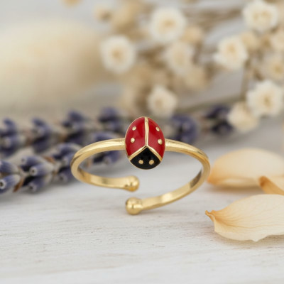 Bague Enfant Coccinelle, Plaqué or & Email, Ajustable - Bambins