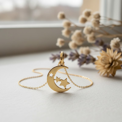Pendentif lune étoilée, Or jaune 750 - Argyor