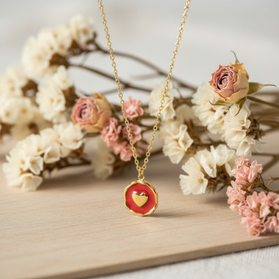 Collier plaque coeur, Acier doré & laque rose, 43cm - Bambins