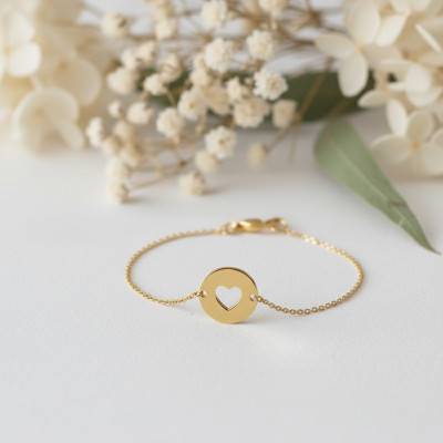 Bracelet Jeton Coeur Ajouré, Or Jaune 375, 14cm - Bambins