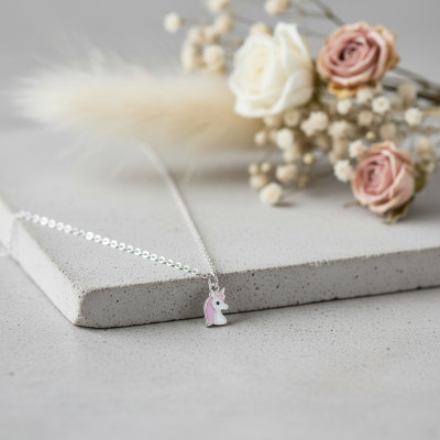 Collier Licorne, Laque Rose & Argent Rhodié 925 - Bambins