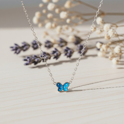 Collier Papillon, Laque Bleue & Argent Rhodié 925 - Bambins