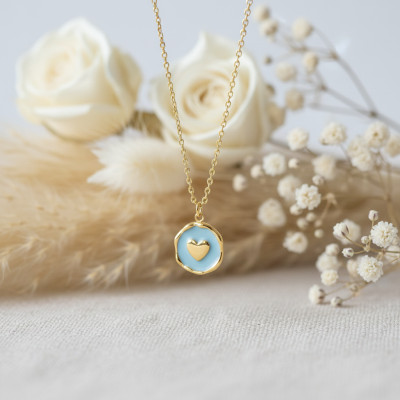 Collier plaque coeur, Acier doré & laque bleue, 43cm - Bambins